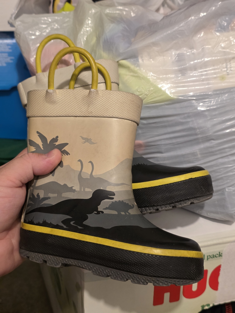 Kids Dinosaur Rain Boots in Beige and Black with Yellow Trim
